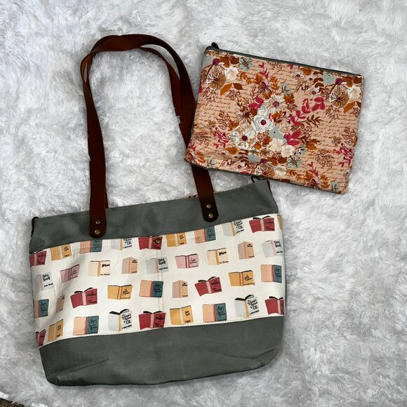 Handmade Book Lover Tote Bag w/ Pouch Canvas Book Print Travel Shoulder Bag - Picture 1 of 11